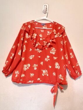 Democracy Long Sleeve Floral Top  Vneck Ruffle Vibrant Orange Spring Summer‎ SzM